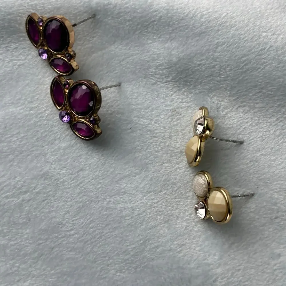 Lot Of 2 Pairs Gold Tone Purple Gem & Cream Stone Cluster Stud Earrings Womens